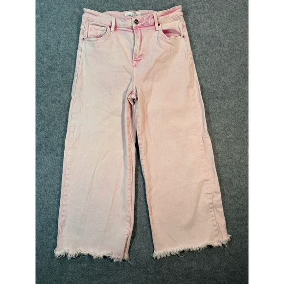 Risen Jeans Denim - Risen Jeans Pink Acid Wash Wide Leg Raw Hem Cropped Jeans Size 9/29